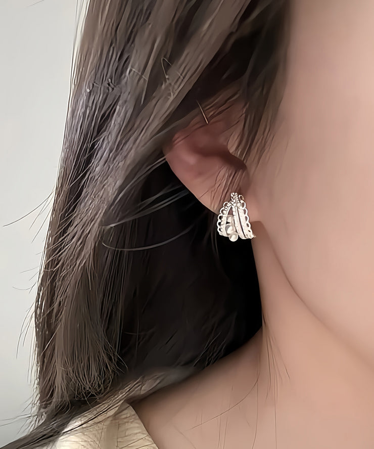Original Design Silk Copper Lace Pearl Hollow Out Hoop Earrings