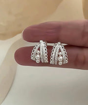 Original Design Silk Copper Lace Pearl Hollow Out Hoop Earrings