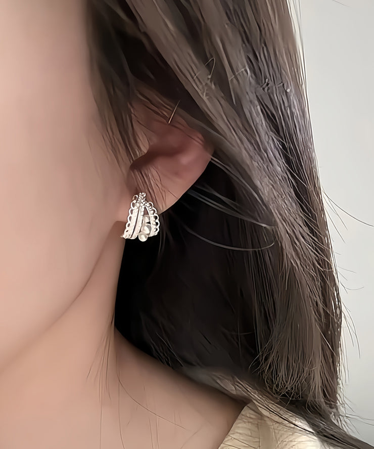 Original Design Silk Copper Lace Pearl Hollow Out Hoop Earrings