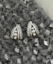 Original Design Silk Copper Lace Pearl Hollow Out Hoop Earrings