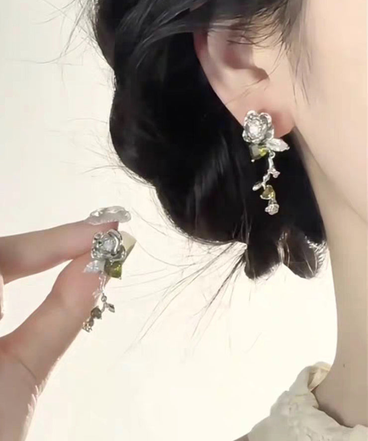 Original Design Silk Metal Zircon Rose Stud Earrings