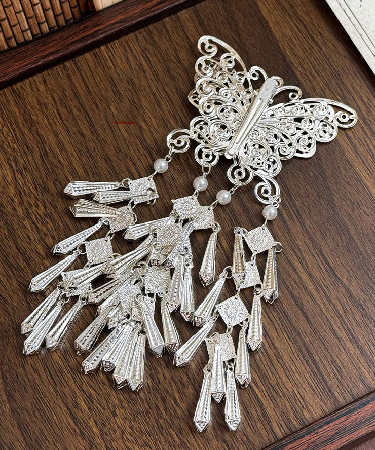 Original Design Silk Sterling Silver Pearl Butterfly Tassel Hairpin