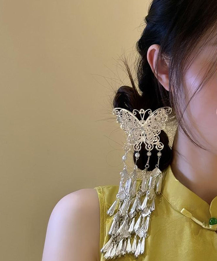 Original Design Silk Sterling Silver Pearl Butterfly Tassel Hairpin