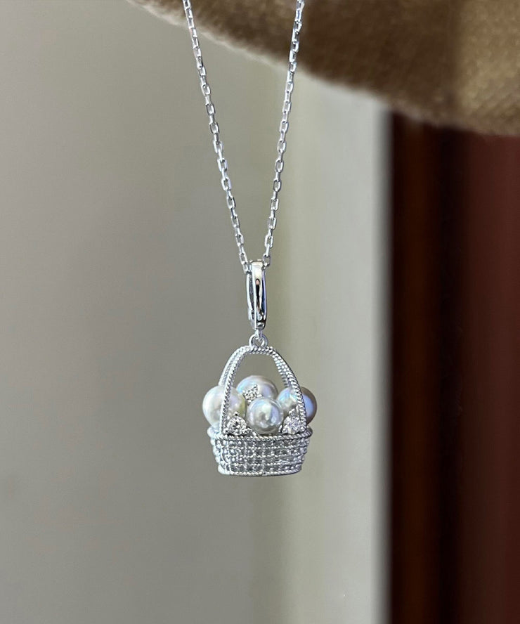 Original Design Silk Sterling Silver Zircon Pearl Flower Basket Pendant Necklace