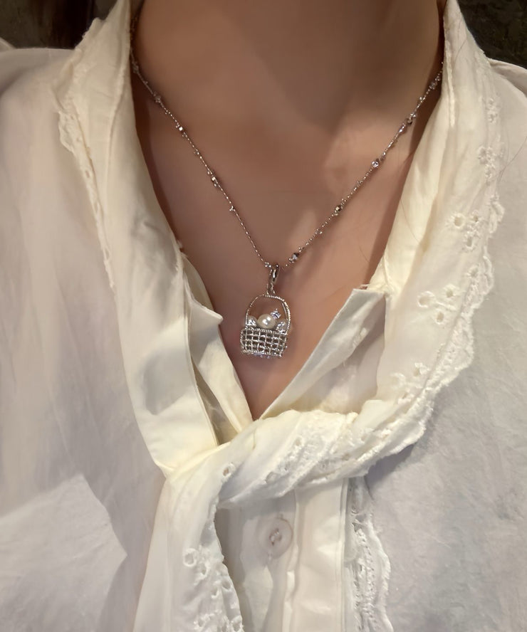 Original Design Silk Sterling Silver Zircon Pearl Flower Basket Pendant Necklace