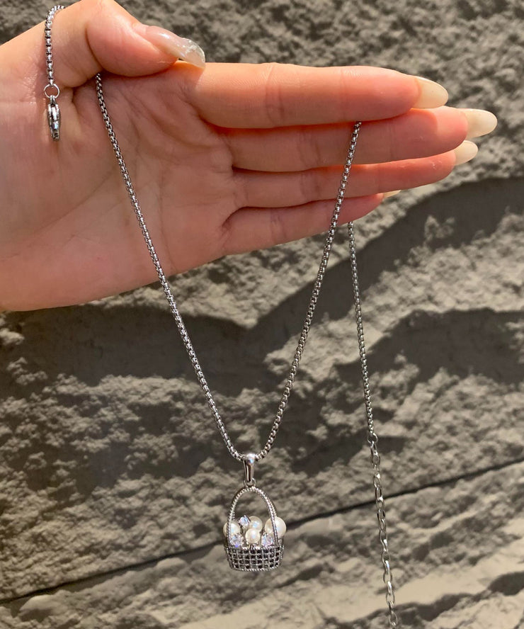 Original Design Silk Sterling Silver Zircon Pearl Flower Basket Pendant Necklace
