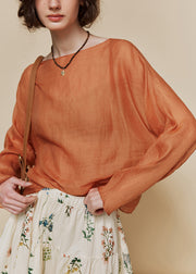 Original Design Simple Orange O Neck Linen Shirt Tops Fall