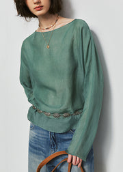 Original Design Simple Orange O Neck Linen Shirt Tops Fall