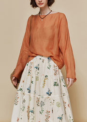Original Design Simple Orange O Neck Linen Shirt Tops Fall
