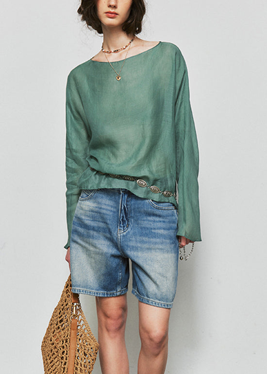Original Design Simple Orange O Neck Linen Shirt Tops Fall