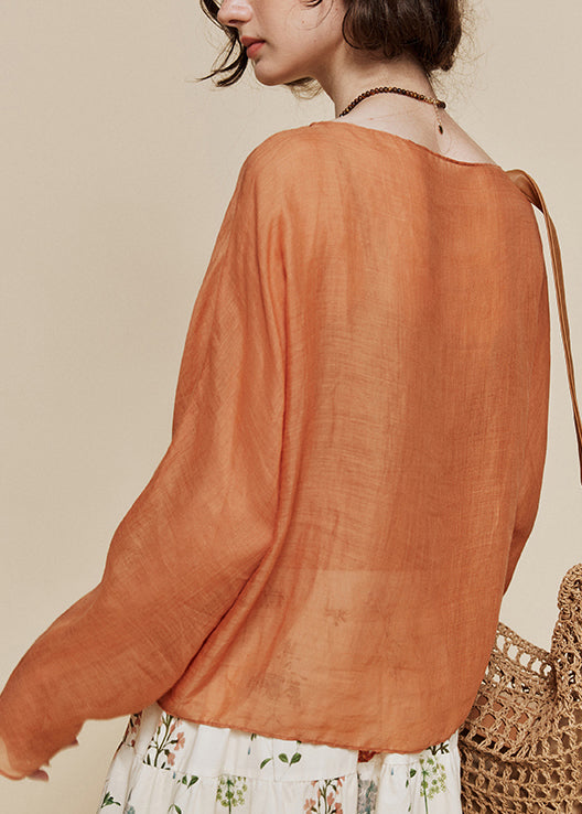 Original Design Simple Orange O Neck Linen Shirt Tops Fall