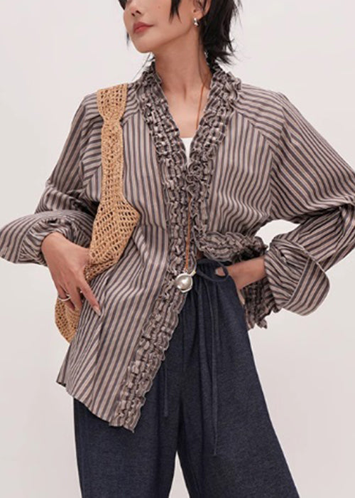 Original Design Striped V Neck Ruffled Cotton Shirt Fall