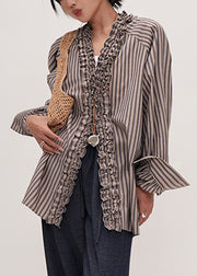 Original Design Striped V Neck Ruffled Cotton Shirt Fall