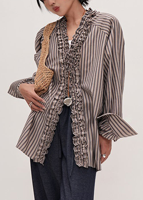 Original Design Striped V Neck Ruffled Cotton Shirt Fall