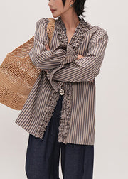 Original Design Striped V Neck Ruffled Cotton Shirt Fall