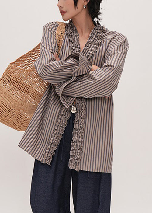 Original Design Striped V Neck Ruffled Cotton Shirt Fall
