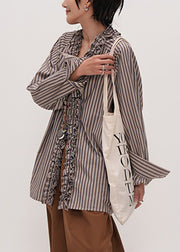 Original Design Striped V Neck Ruffled Cotton Shirt Fall