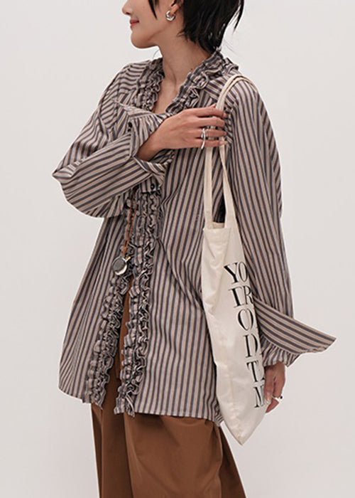 Original Design Striped V Neck Ruffled Cotton Shirt Fall