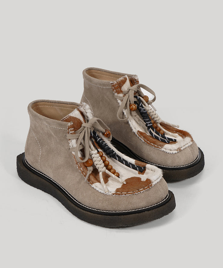 Original Design Suede Flat Shoes Splicing Horsehair Lace Up