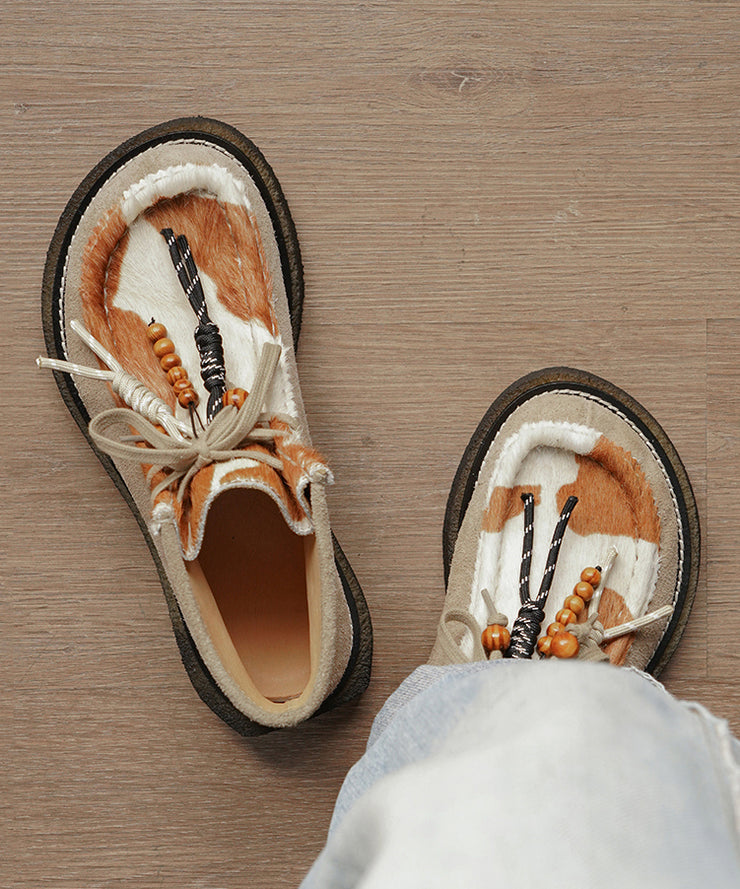 Original Design Suede Flat Shoes Splicing Horsehair Lace Up