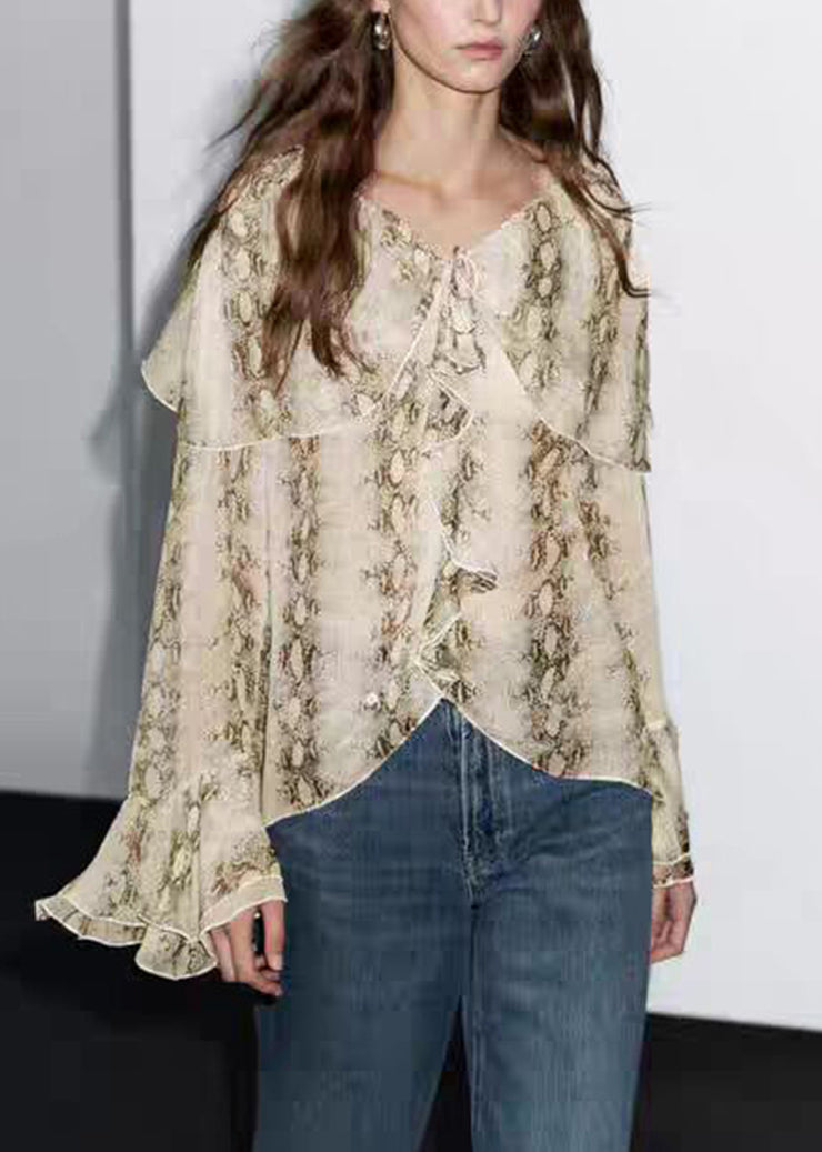 Original Design V Neck Print Chiffon Shirt Flare Sleeve