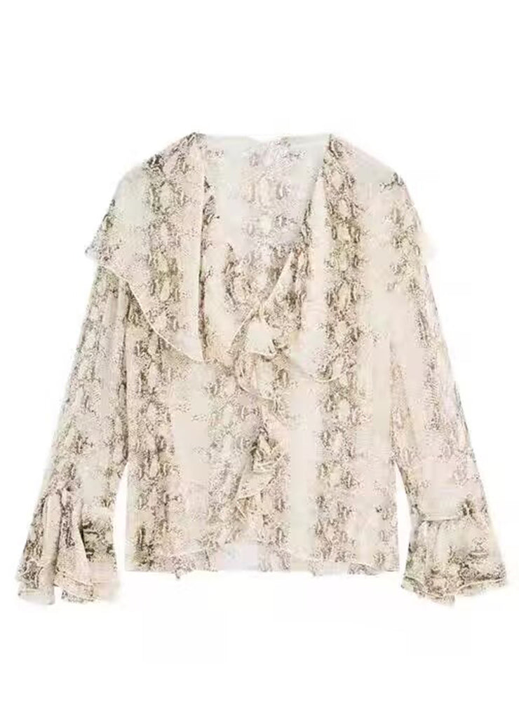 Original Design V Neck Print Chiffon Shirt Flare Sleeve