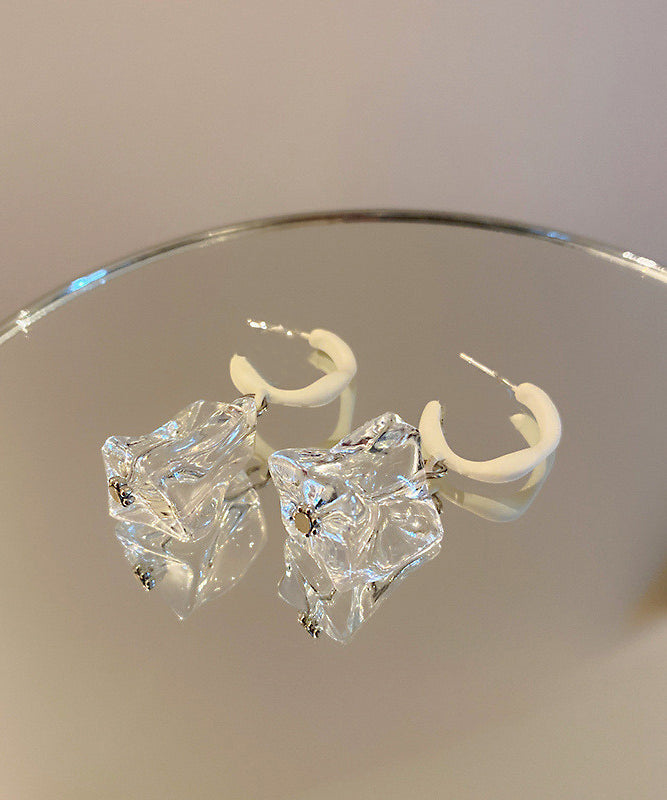 Original Design White Acrylic Alloy Asymmetrical Crystal Hoop Earrings