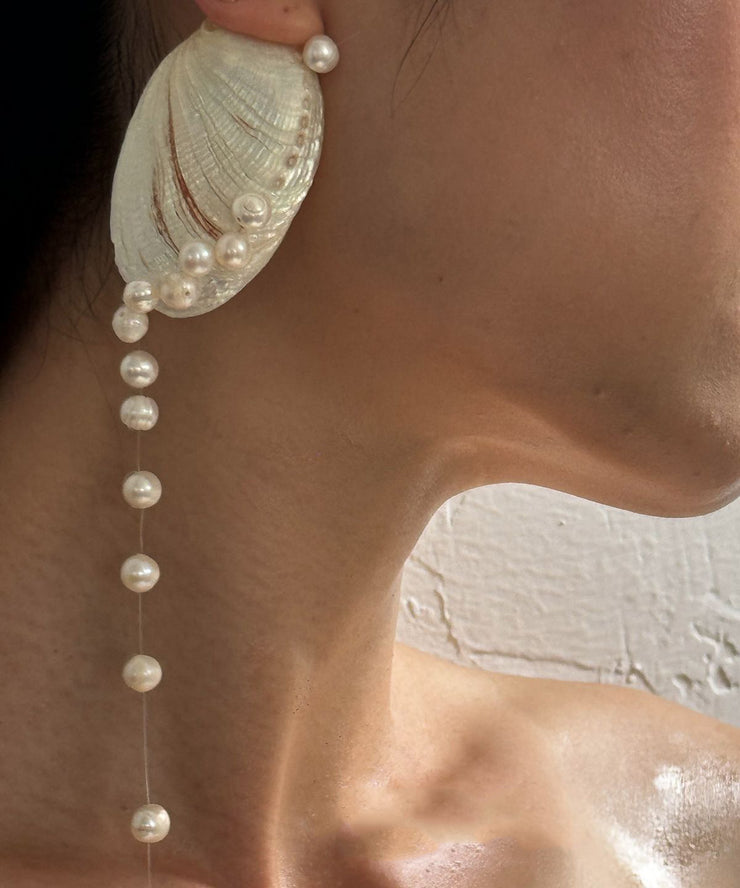 Original Design White Alloy Shell Pearl Tassel Drop Earrings