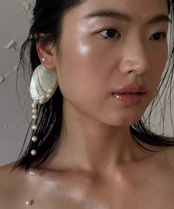 Original Design White Alloy Shell Pearl Tassel Drop Earrings