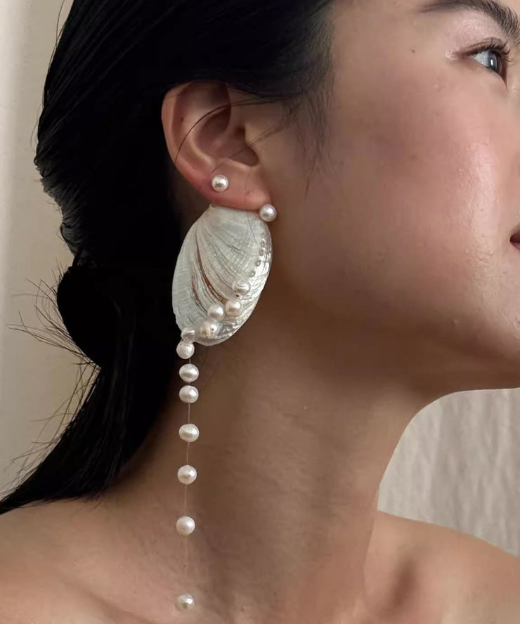 Original Design White Alloy Shell Pearl Tassel Drop Earrings