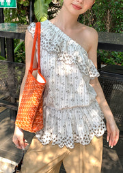 Original Design White Asymmetrical Print Cotton Tops Summer