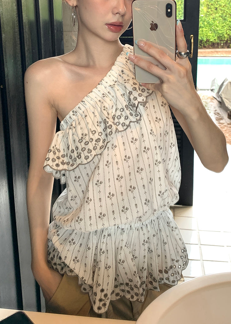 Original Design White Asymmetrical Print Cotton Tops Summer