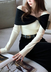 Original Design White Bow Patchwork Knit Sweater Winter