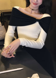 Original Design White Bow Patchwork Knit Sweater Winter