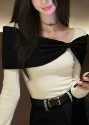 Original Design White Bow Patchwork Knit Sweater Winter