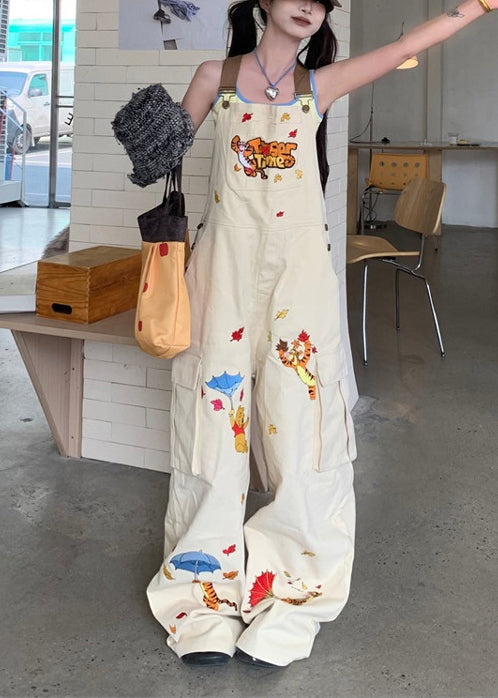Original Design White Embroidered Cotton Overalls Jumpsuit Fall