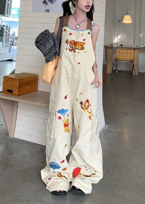 Original Design White Embroidered Cotton Overalls Jumpsuit Fall