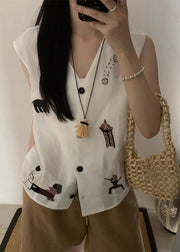 Original Design White Embroideried Button Cotton Tops Sleeveless