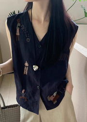 Original Design White Embroideried Button Cotton Tops Sleeveless