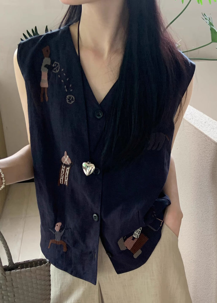 Original Design White Embroideried Button Cotton Tops Sleeveless