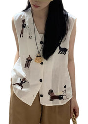 Original Design White Embroideried Button Cotton Tops Sleeveless