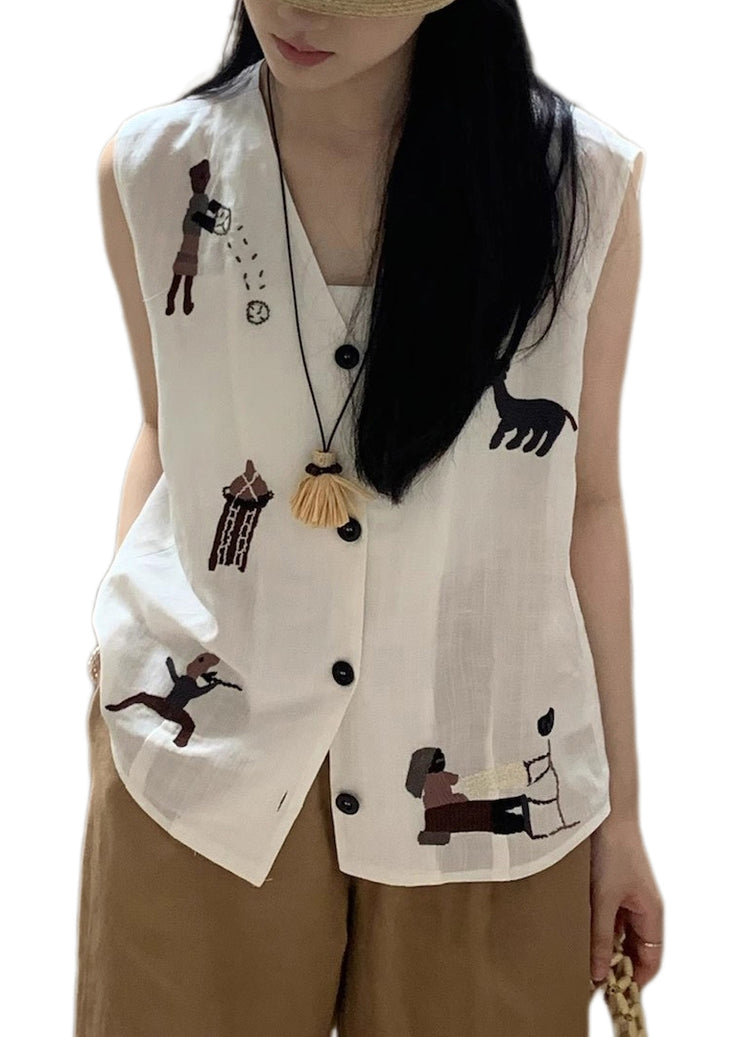 Original Design White Embroideried Button Cotton Tops Sleeveless