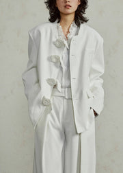 Original Design White Floral Solid Spandex Coat Fall