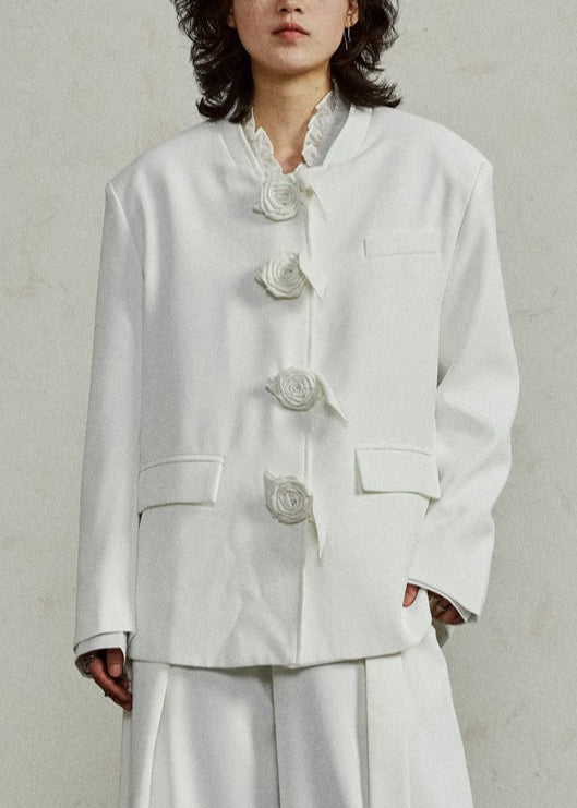Original Design White Floral Solid Spandex Coat Fall
