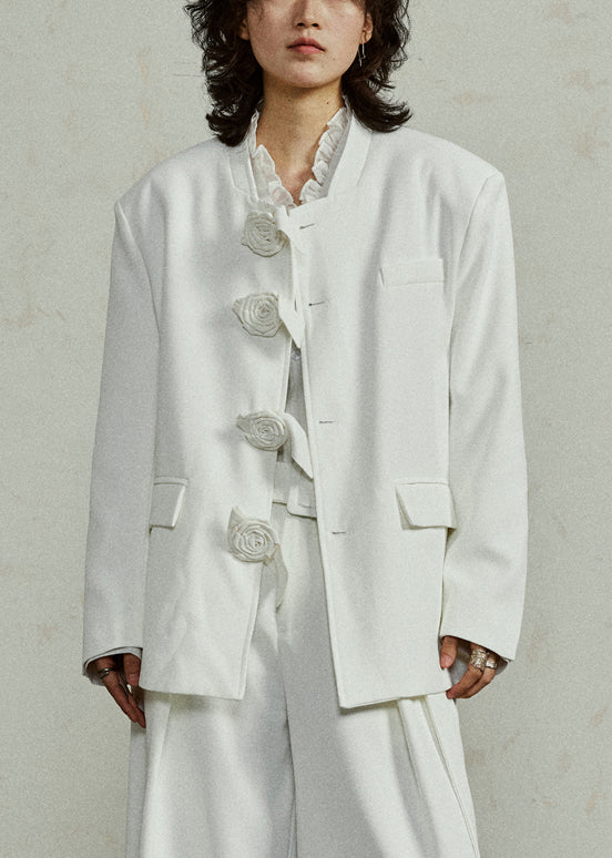 Original Design White Floral Solid Spandex Coat Fall