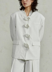 Original Design White Floral Solid Spandex Coat Fall