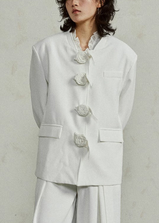 Original Design White Floral Solid Spandex Coat Fall