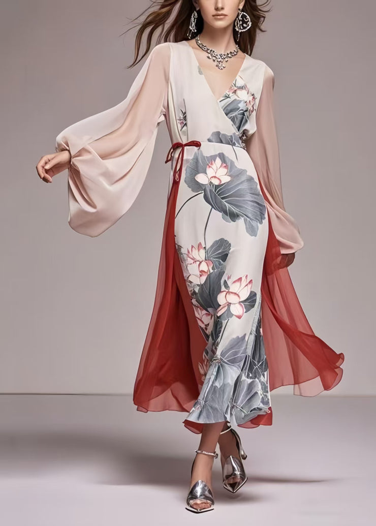Original Design White Lotus Leaf Patchwork Chiffon Party Dress Lantern Sleeve