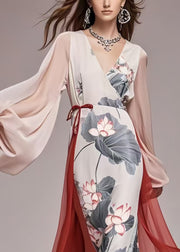 Original Design White Lotus Leaf Patchwork Chiffon Party Dress Lantern Sleeve