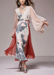 Original Design White Lotus Leaf Patchwork Chiffon Party Dress Lantern Sleeve